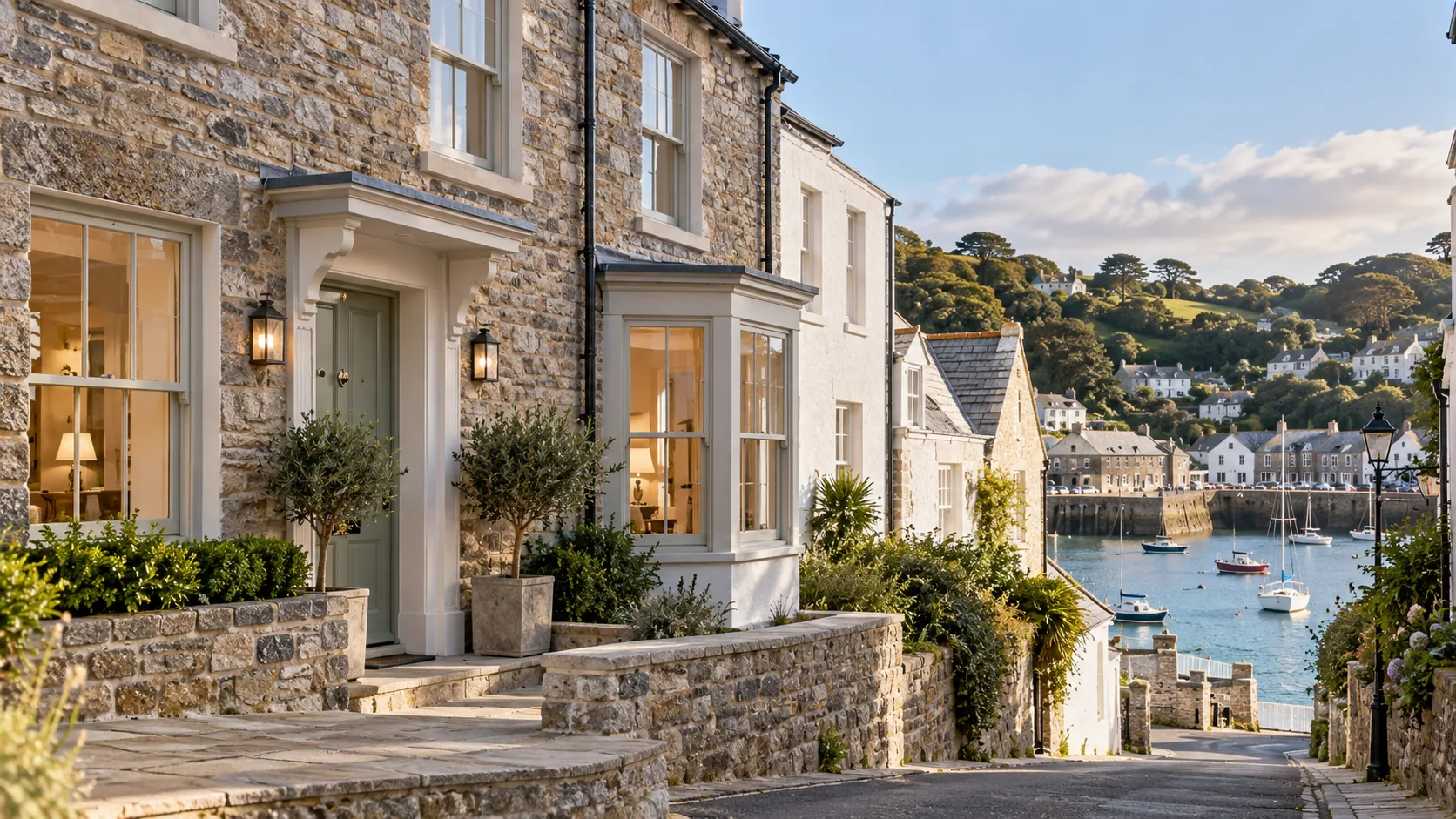 Illustrative stone home overlooking a Cornish harbour