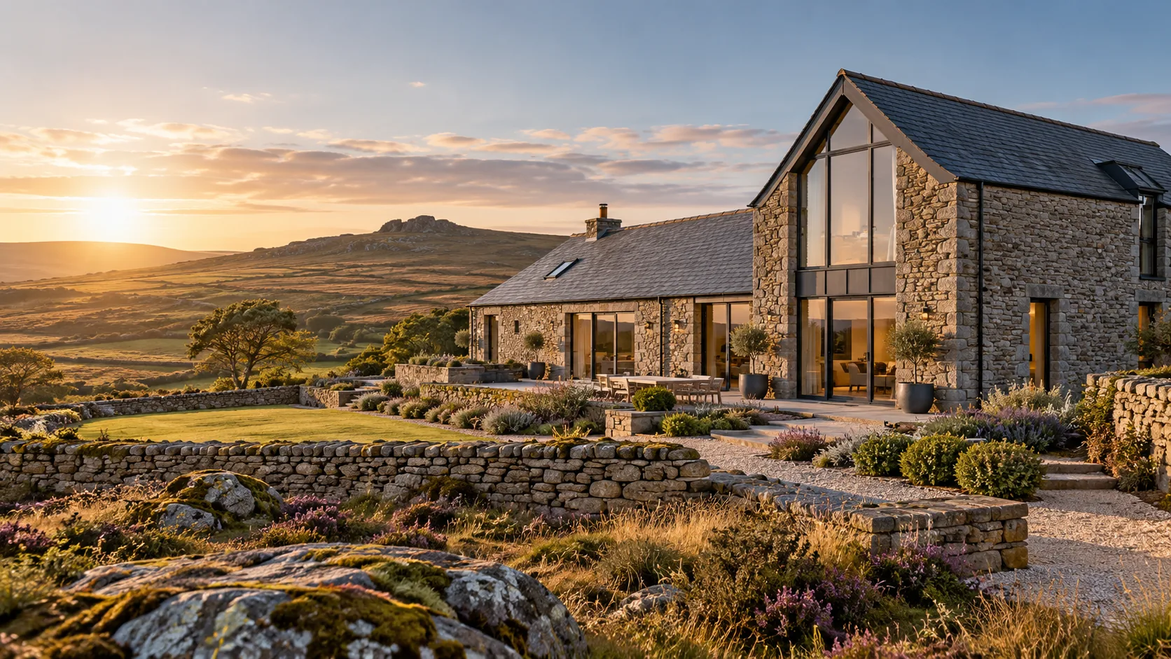 Illustrative modern stone home in a Cornish moorland setting